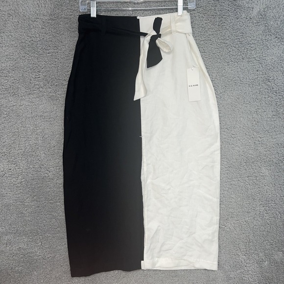 R.G. Kane Skirt Women's Sz L White Black Midi Removable Sash Front Slit Back Zip - Picture 1 of 6